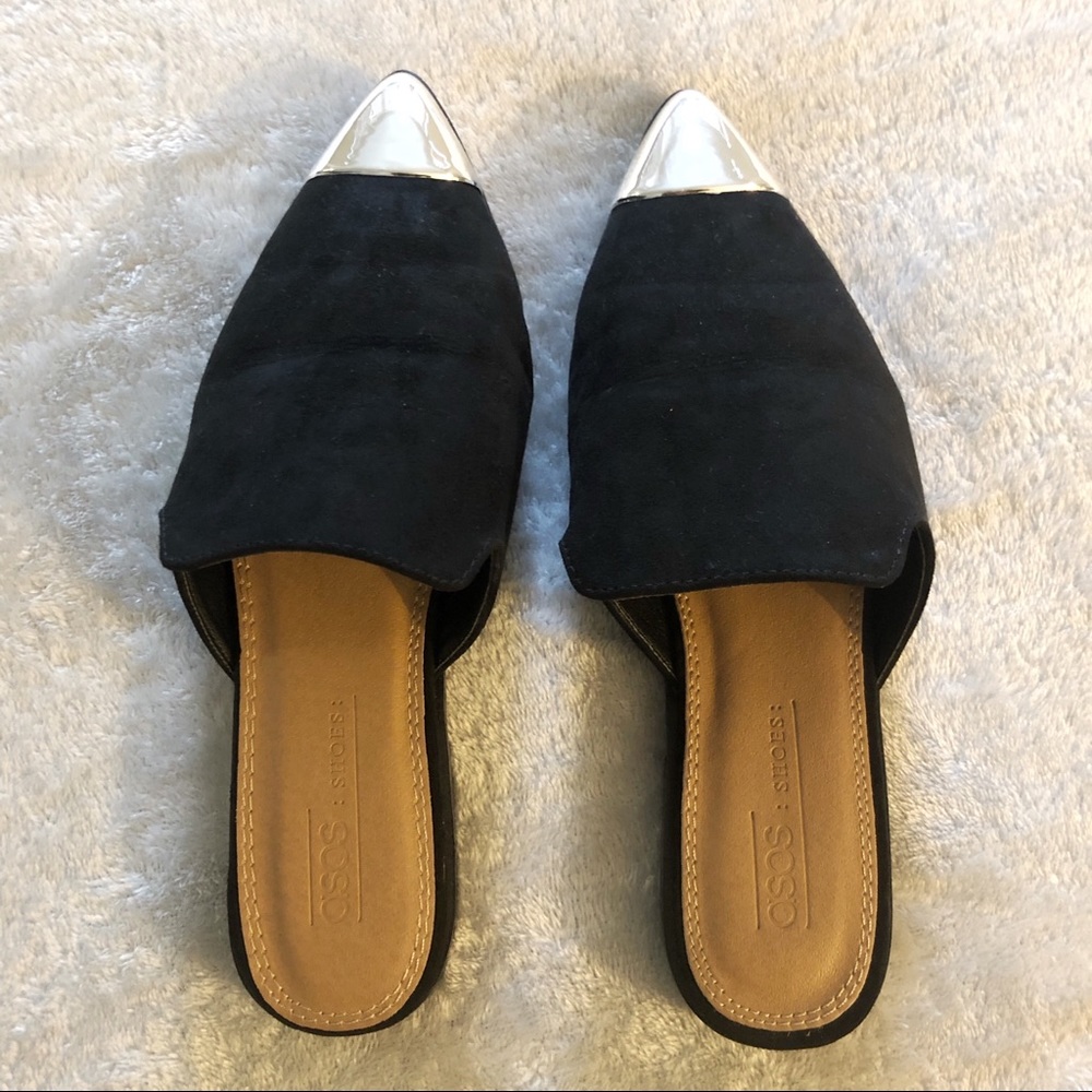ASOS Black Mules with Pointed Silver Tip